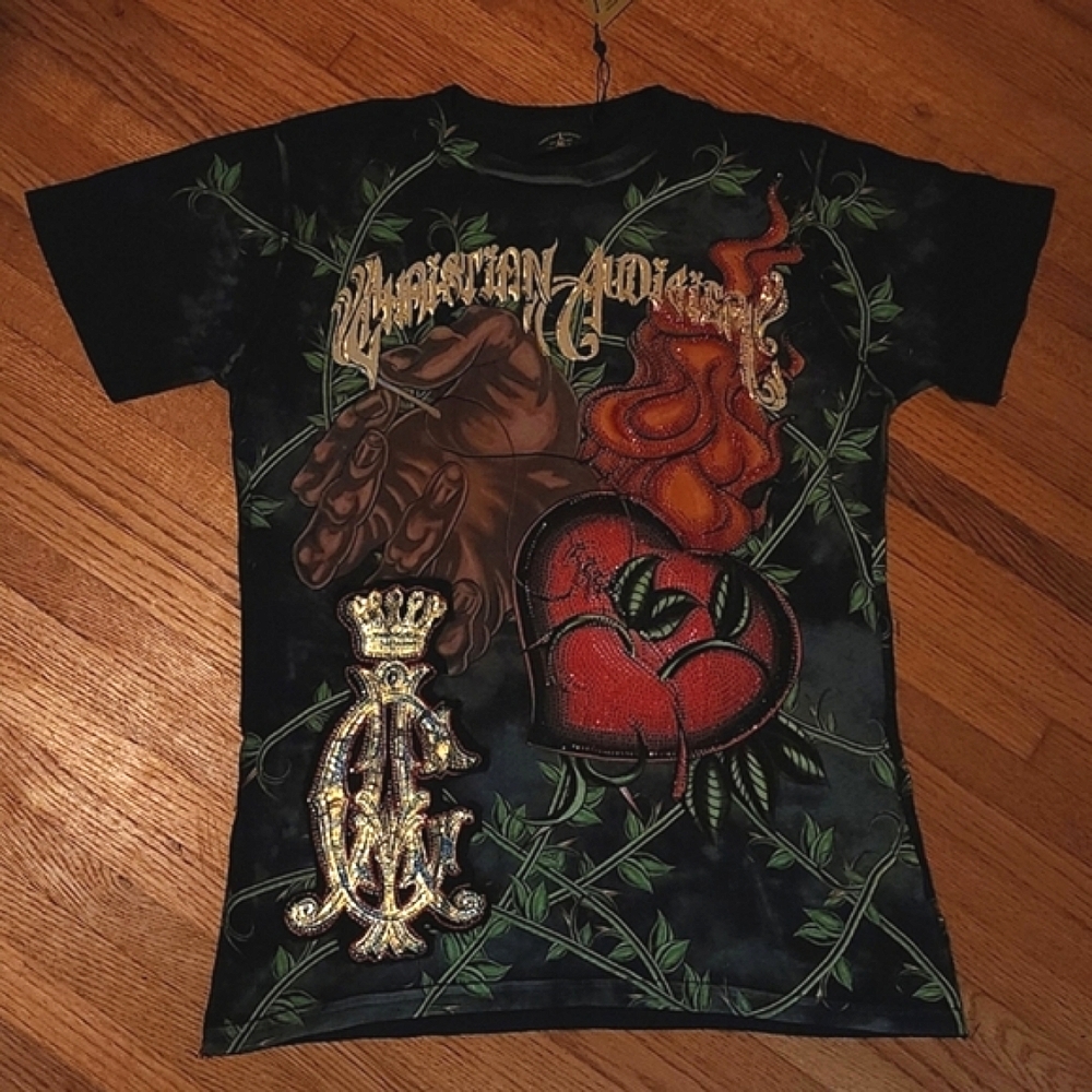 NWOT Christian Audigier Rhinestone Flaming Heart Vintage Rock Tee